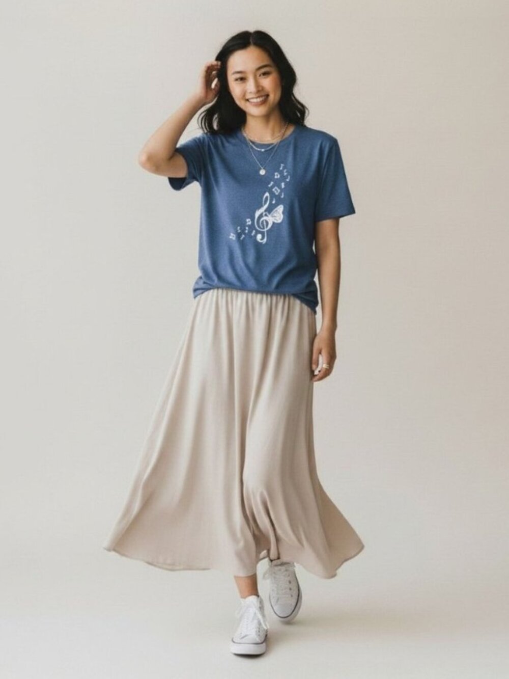 Butterfly Treble Clef Tee Size L Blue Music Graphic Shirt Soft Stretch Top - Picture 1 of 12